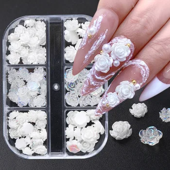 1шт Стразы для ногтей 3D шарм для ногтей Ювелирные изделия из сплава Драгоценные камни белого цвета Цветок для ногтей Маникюрное украшение