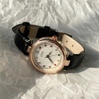 Женские часы в стиле ретро с красочным кристаллом, женские часы с модным простым кожаным ремешком, водонепроницаемые кварцевые женские часы relogio feminino